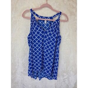 Tacera Blue White Geometric Quatrefoil V-Neck Sleeveless Blouse Top Womens L